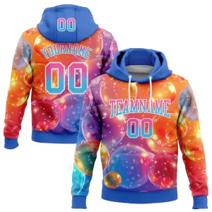 Custom Stitched Orange Pink Sky Blue-Thunder Blue Fade 3D Pattern Design Colorful Bubbles Sports Pullover Sweatshirt Hoodie