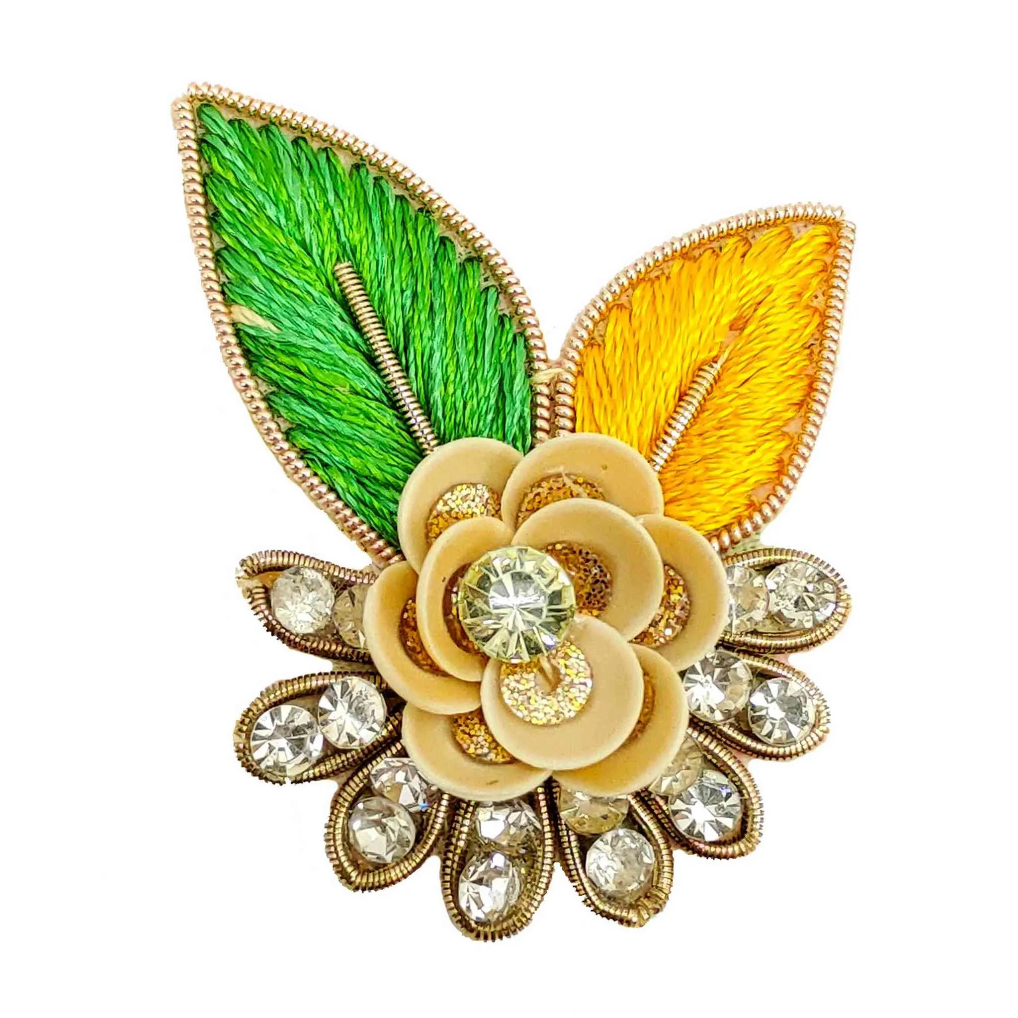 Elegant Floral Gem Brooch - Handcrafted with Vibrant Color Embroidery & Sparkling Gems - 11216