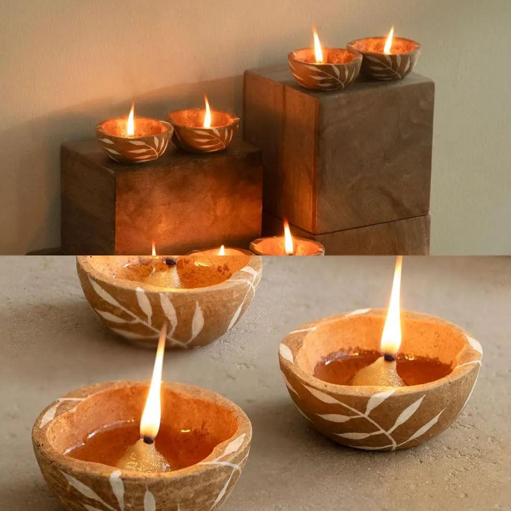 Ellementry Cow Dung Diya Set of 48 Gaudeep | Oil/Wax Lamp for Puja & Religious Rituals | Deepak for Home, Office & Temples | Diyas for Diwali Decor Gifts | Diwali Pooja Home Decoration Items