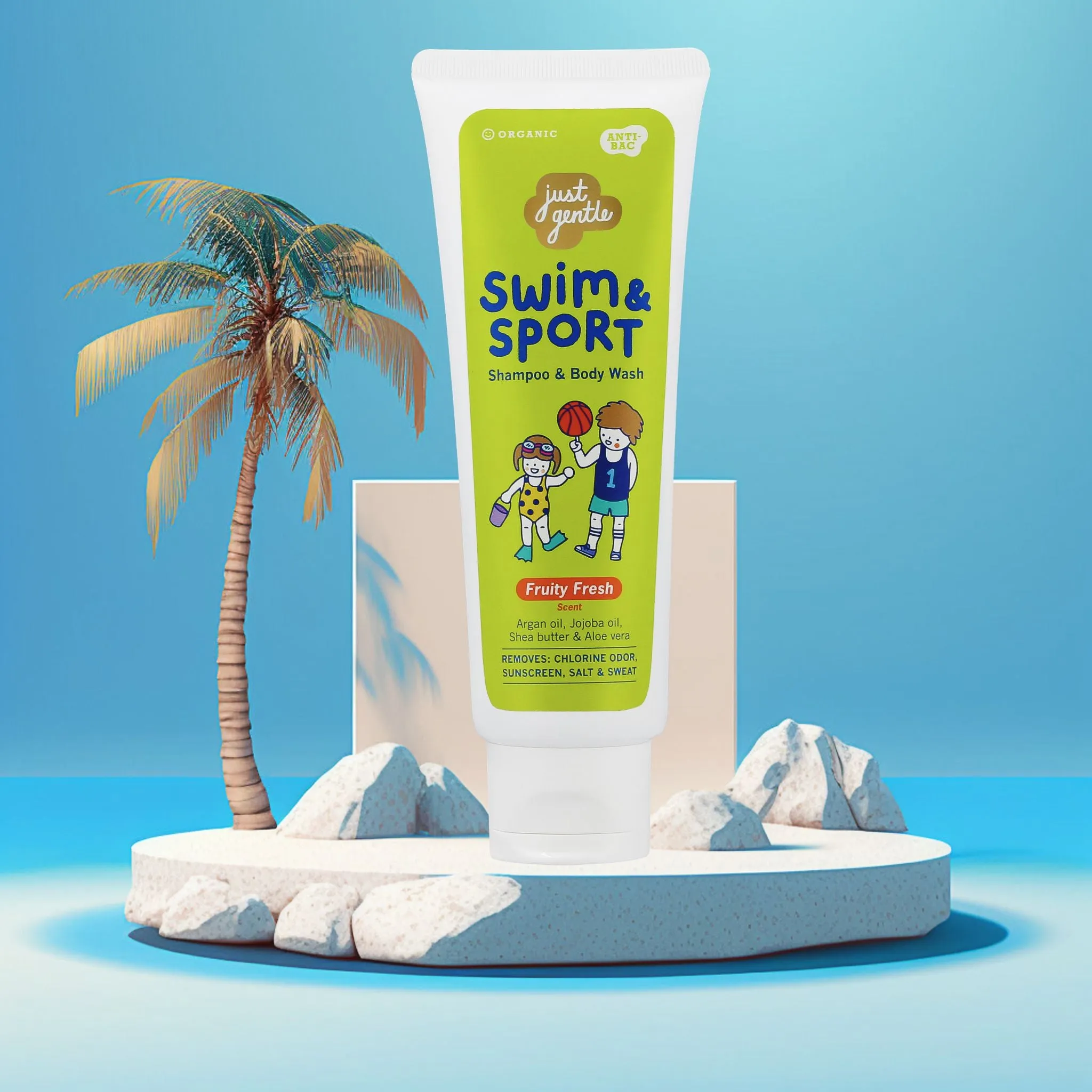 Just Gentle Swim & Sport Shampoo and Body Wash - Fruity Fresh, Washes Away Chlorine, Salt, Sweat & Odor, Enriched with Argan Oil, Jojoba Oil, Shea Butter & Aloe Vera, 180ml