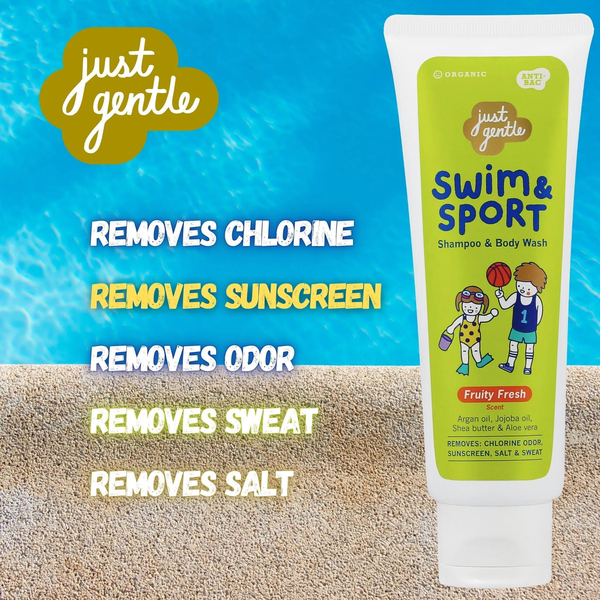 Just Gentle Swim & Sport Shampoo and Body Wash - Fruity Fresh, Washes Away Chlorine, Salt, Sweat & Odor, Enriched with Argan Oil, Jojoba Oil, Shea Butter & Aloe Vera, 180ml