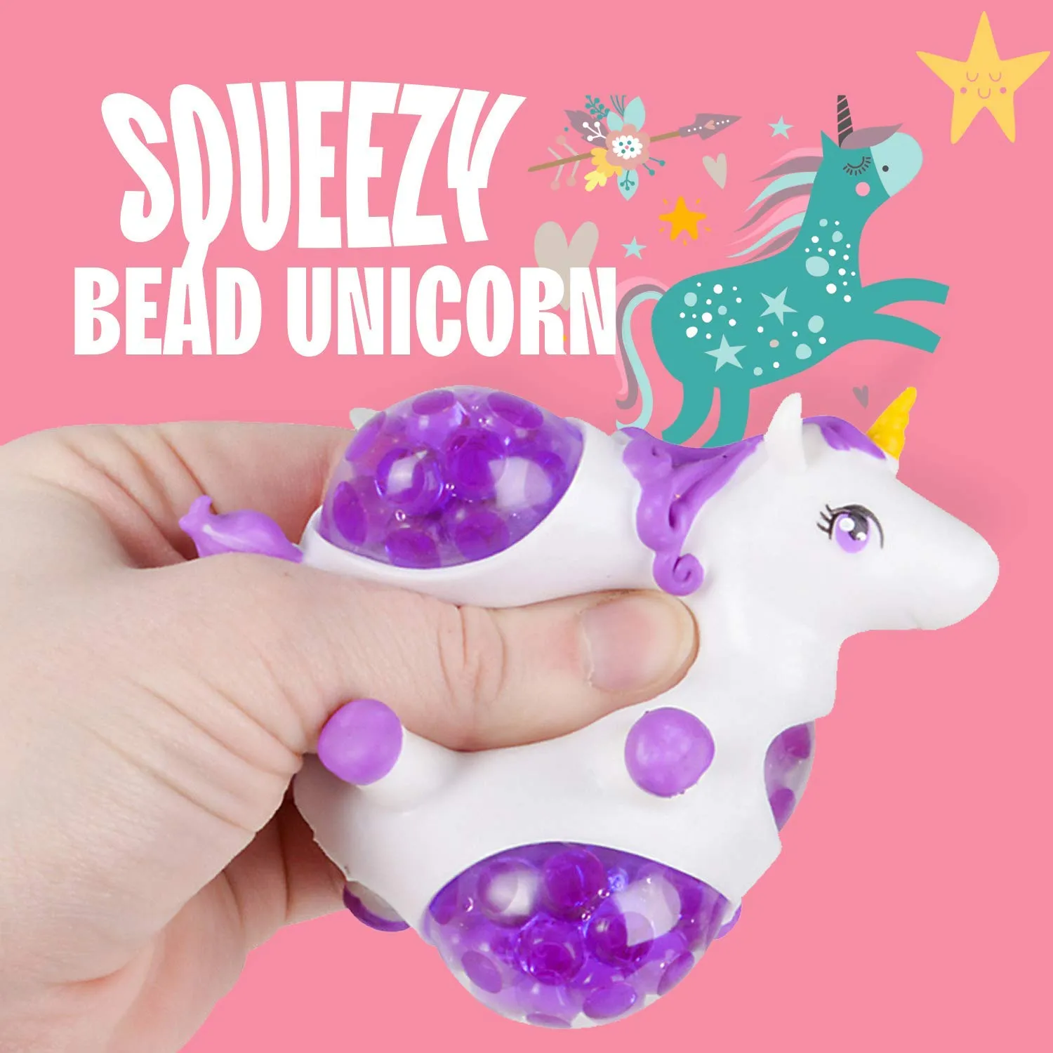 Kicko Squeezy Unicorn Bead - Pack of 6, 3.25 Inch Squishy and Squeezable Beaded Unicorn