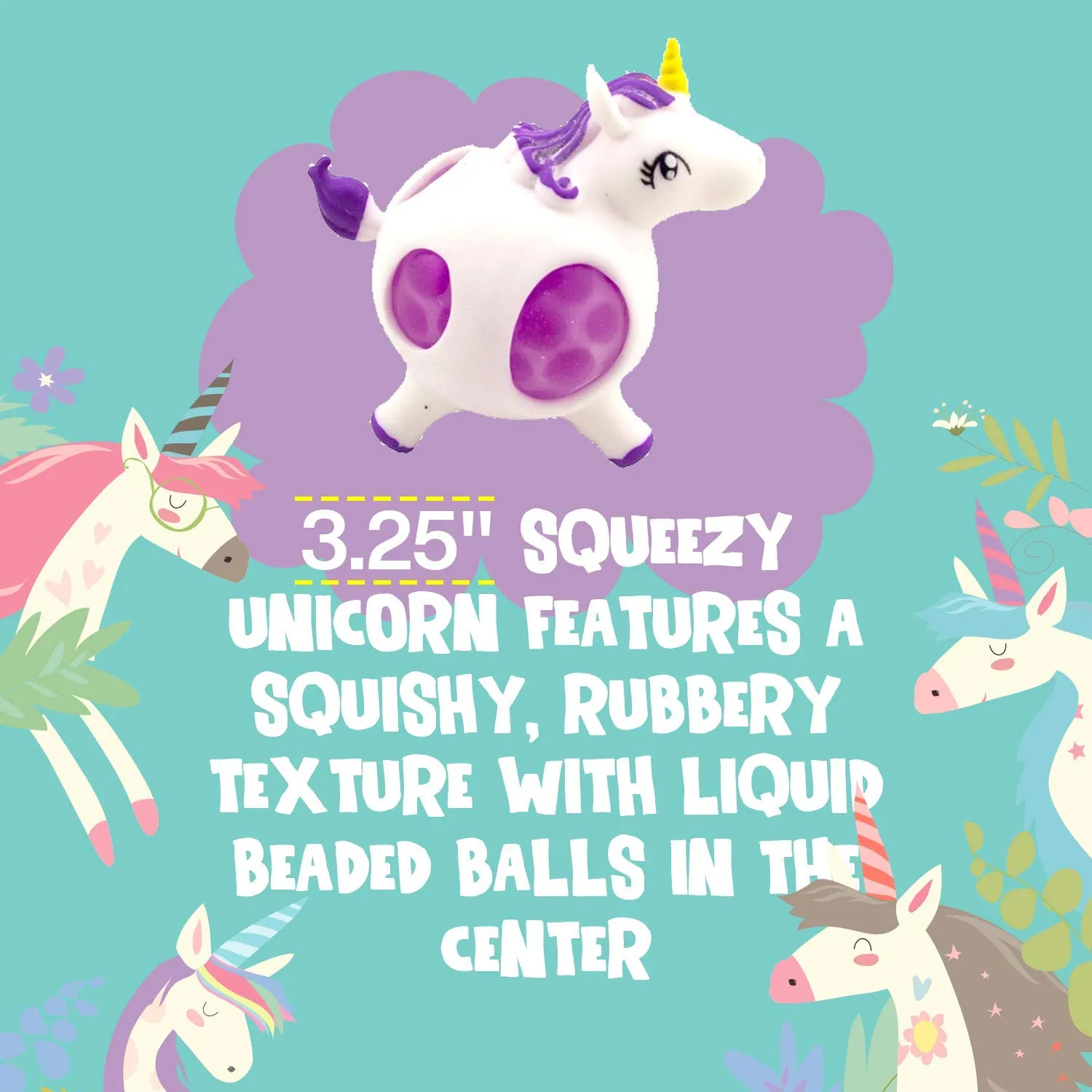 Kicko Squeezy Unicorn Bead - Pack of 6, 3.25 Inch Squishy and Squeezable Beaded Unicorn