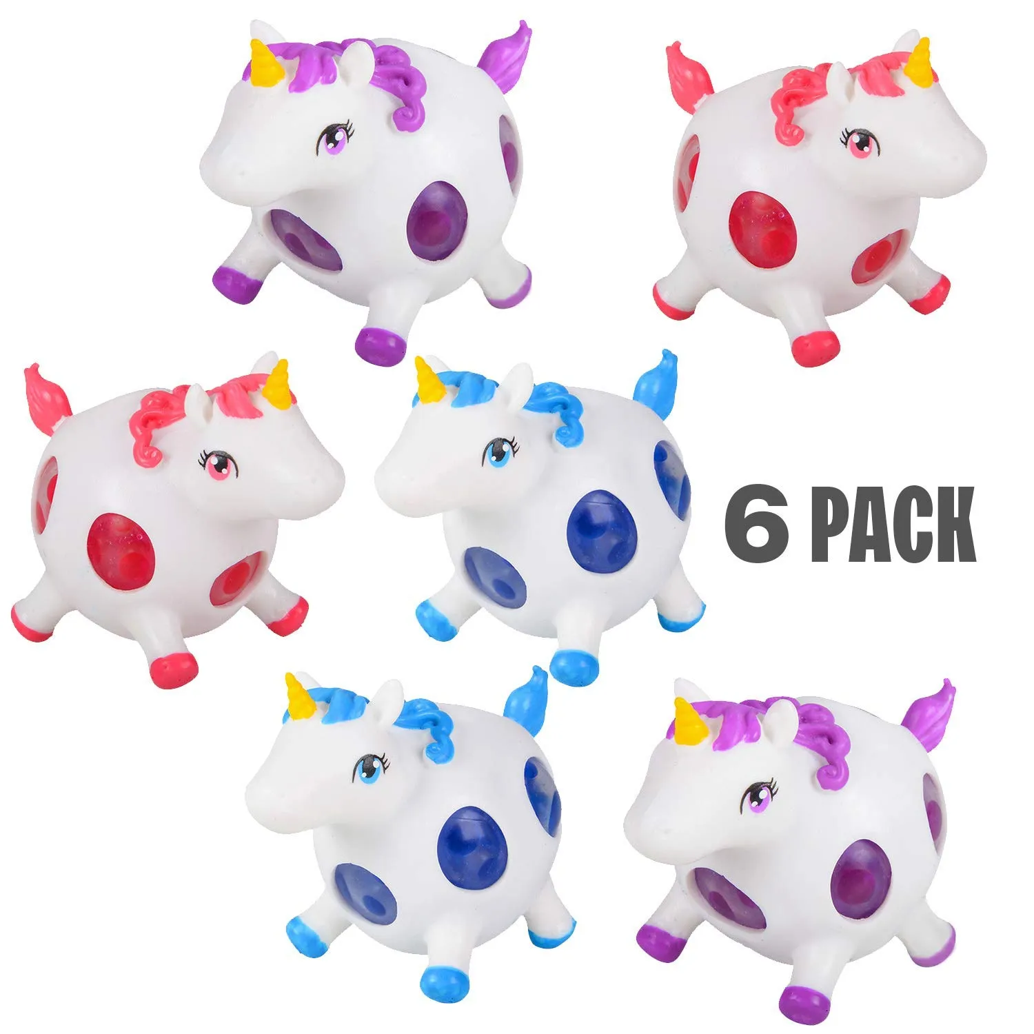 Kicko Squeezy Unicorn Bead - Pack of 6, 3.25 Inch Squishy and Squeezable Beaded Unicorn