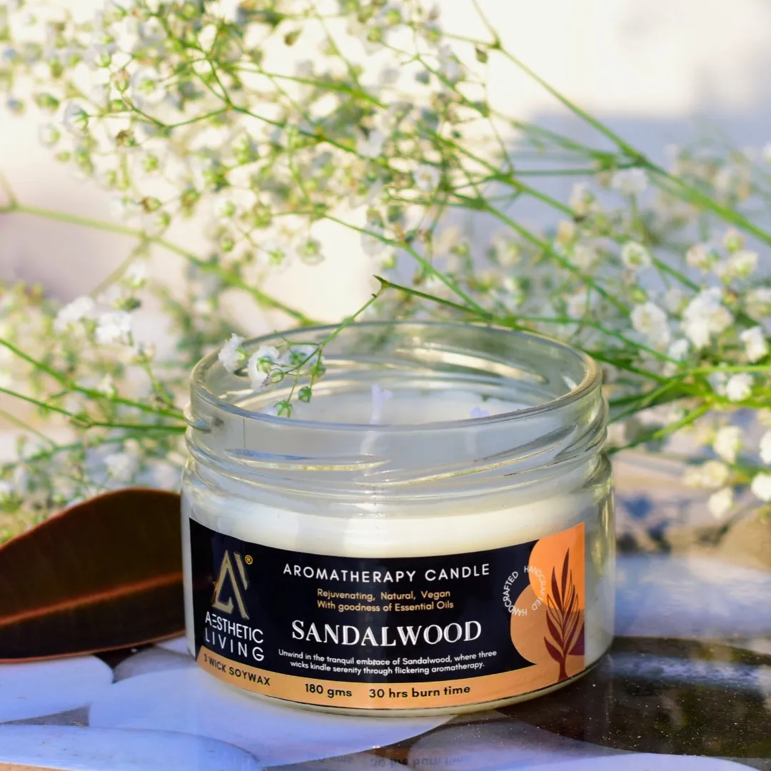 Sandalwood 3 Wick Soy Wax Candle | 30 hr burn, 180 gms